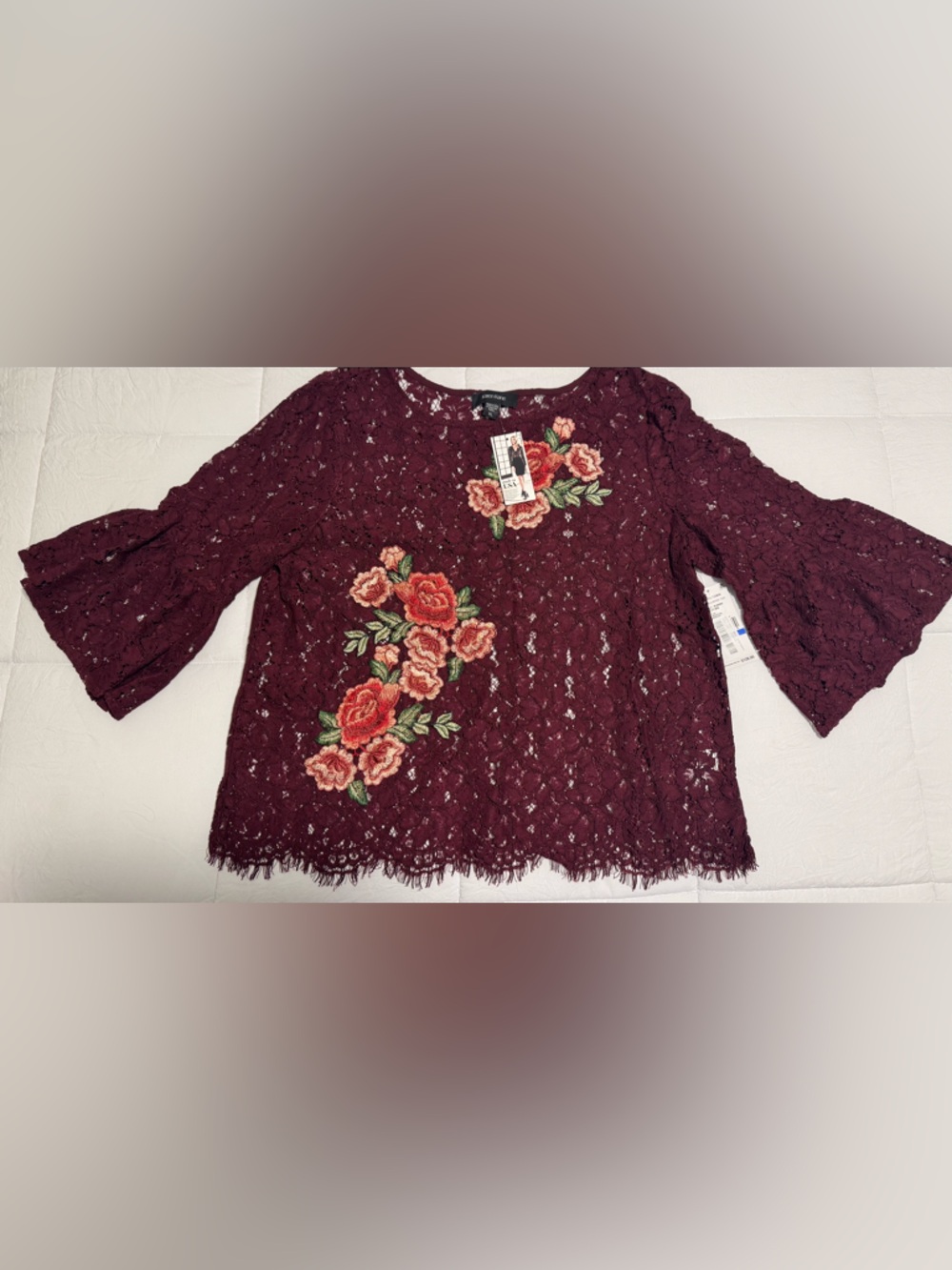 Karen Kane Burgundy Lace with Floral Embroidery Embellished Bell Sleeve Lace Top - Picture 10 of 16